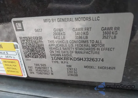 2017 Chevrolet Traverse Ls z USA, uszkodzony, nr VIN 1GNKRFKD5HJ326374